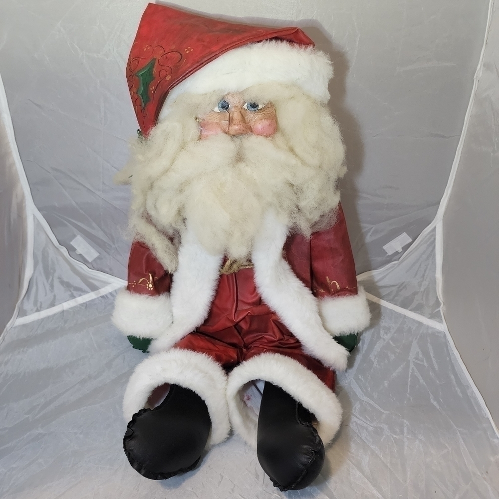 Vintage Shelf Sitter Santa Wood Carved Face Canvas Clothing Hand Painted Xmas - Picture 1 of 13